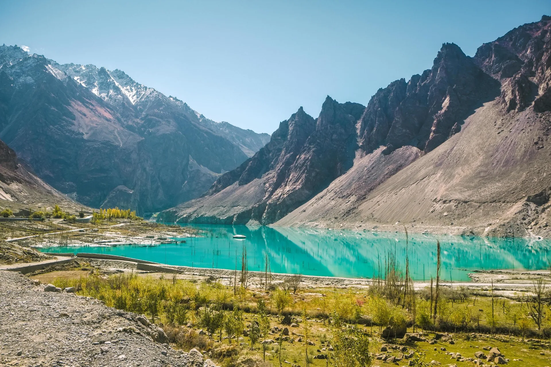 Attabad Lake surrounded by Karakoram mountains