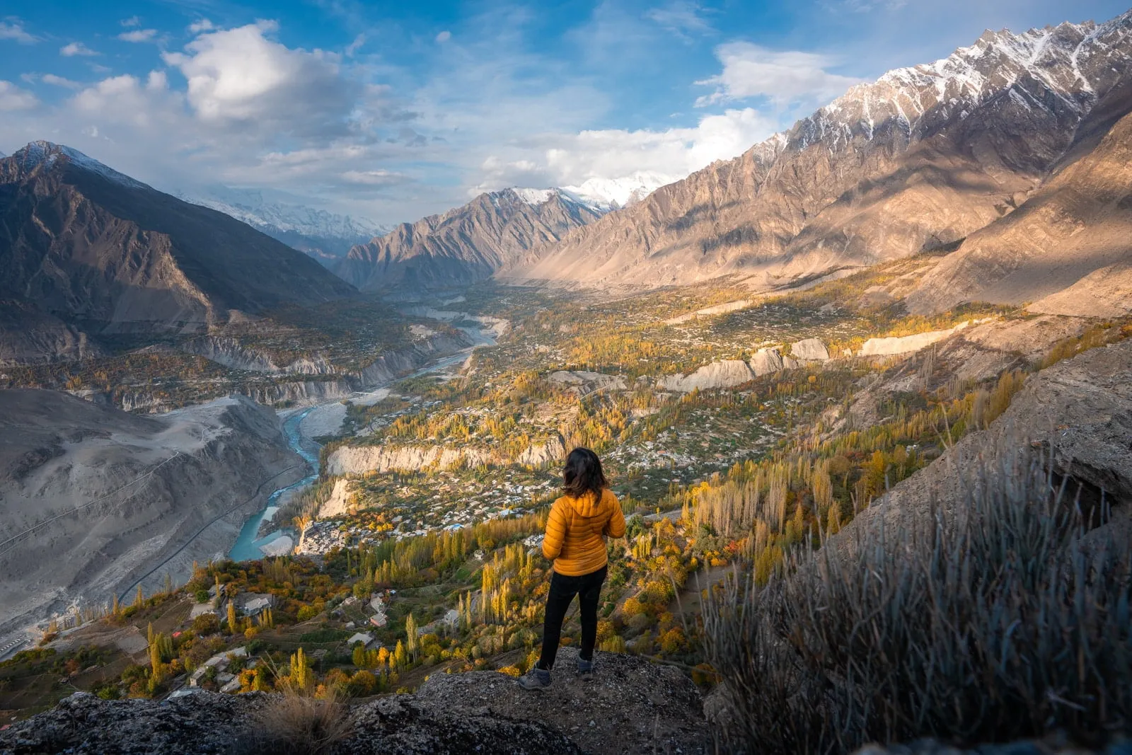 View over the whole Hunza Valley and the turquoise Hunza River from the Eagle's Nest viewpoint at Duikar, at golden hour