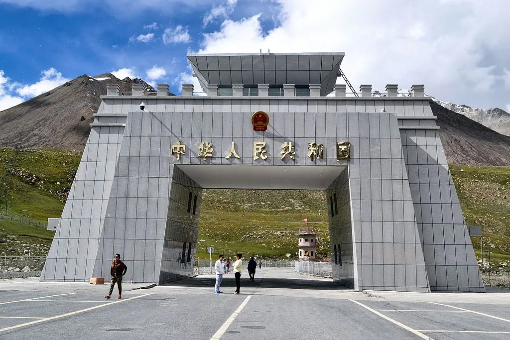 The Pakistan-China border gate at Khunjerab Pass (4,693 m), the highest paved international border crossing in the world, at the top of the Karakoram Highway