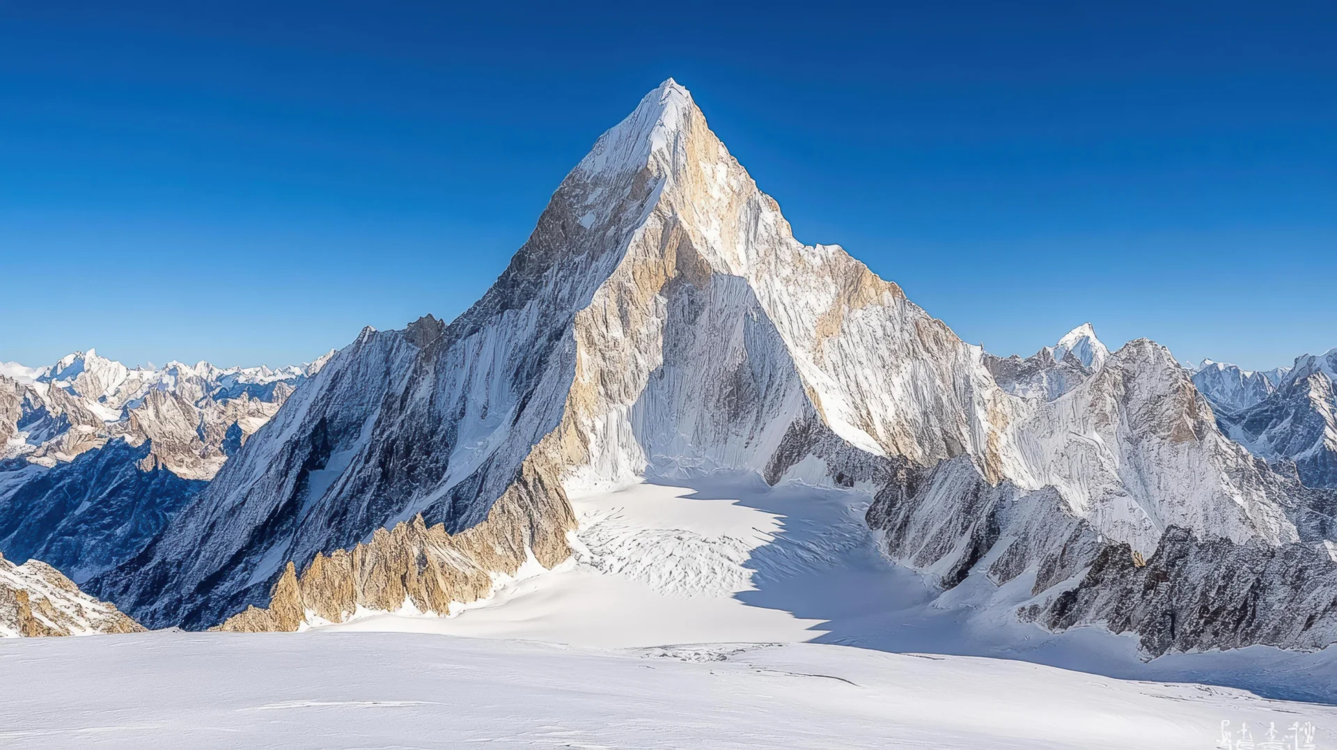 K2 summit pyramid rising 8,611 metres above sea level in the Karakoram