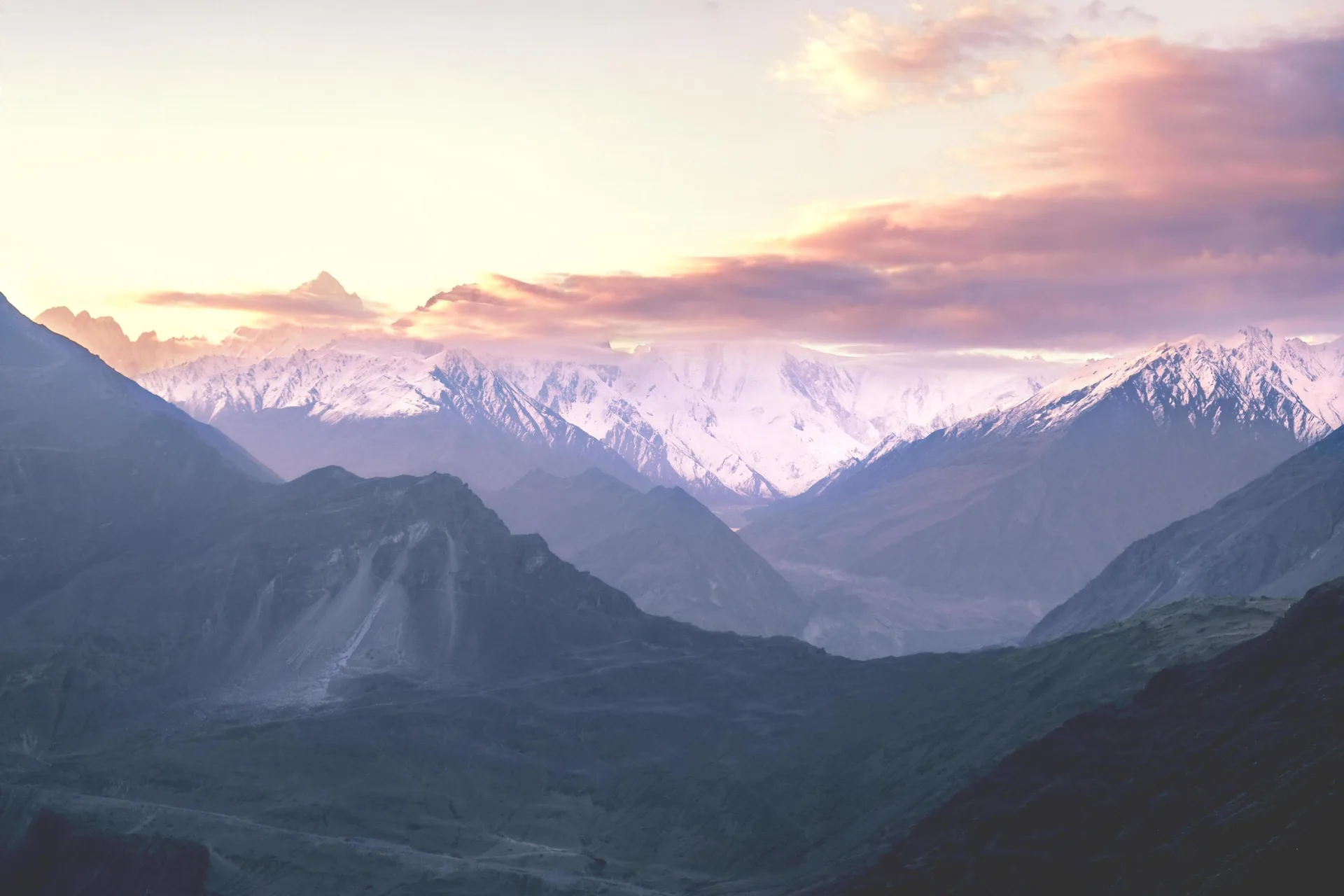 Golden sunrise over the valleys surrounding Nanga Parbat