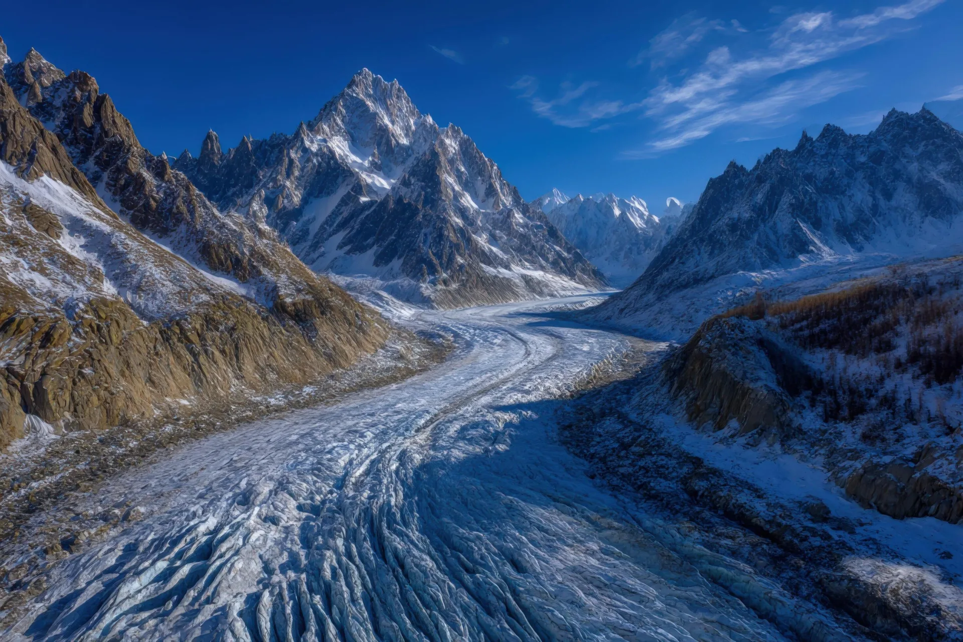 Glacier flowing through towering Karakoram peaks