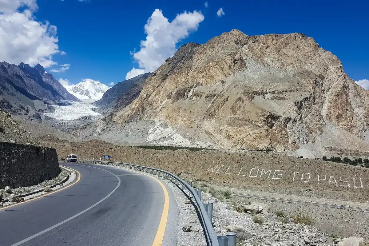 The Karakoram Highway at Passu below the glacier and the Passu Cones