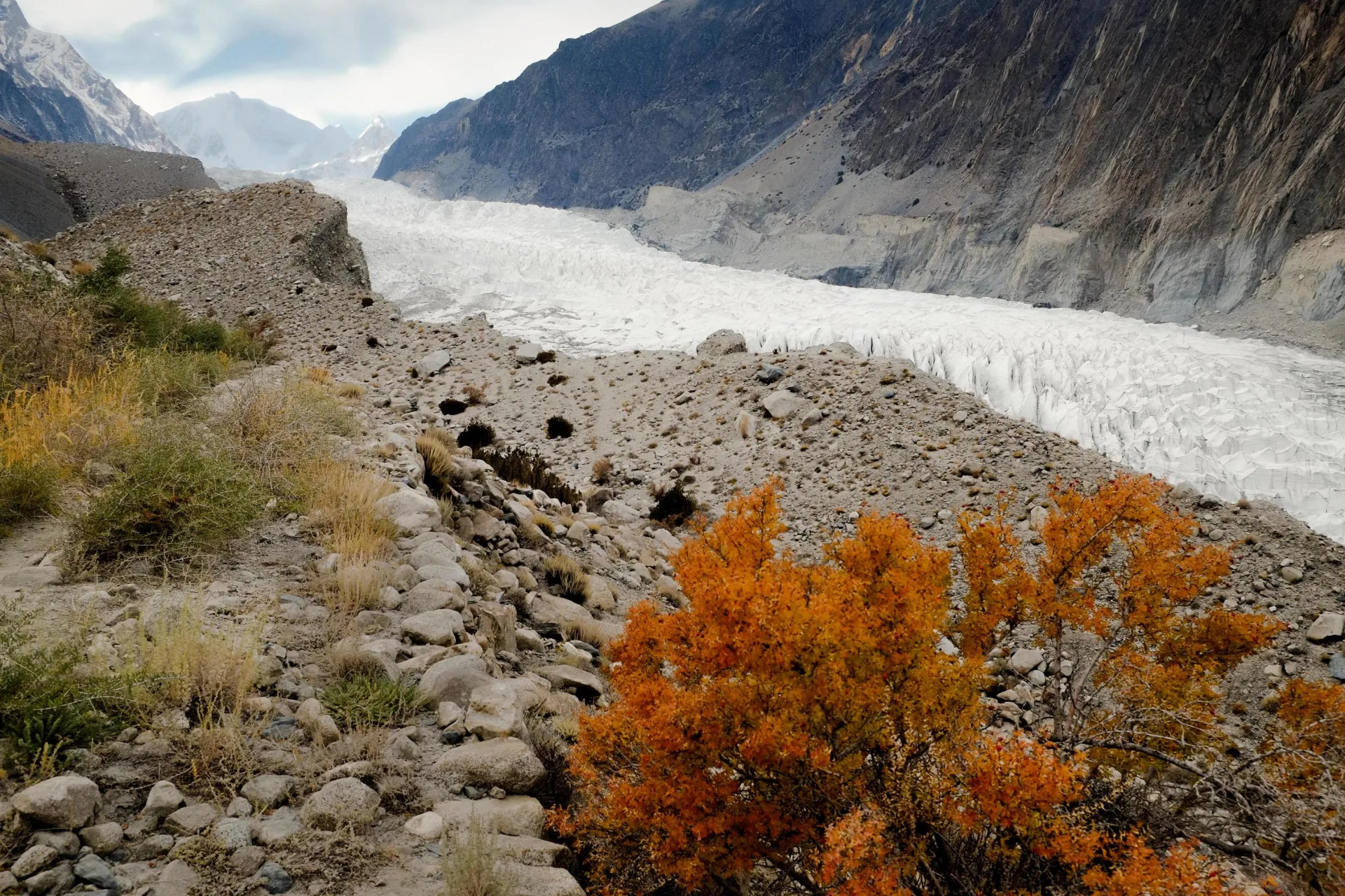 Passu Glacier flowing below the Cathedral Peaks