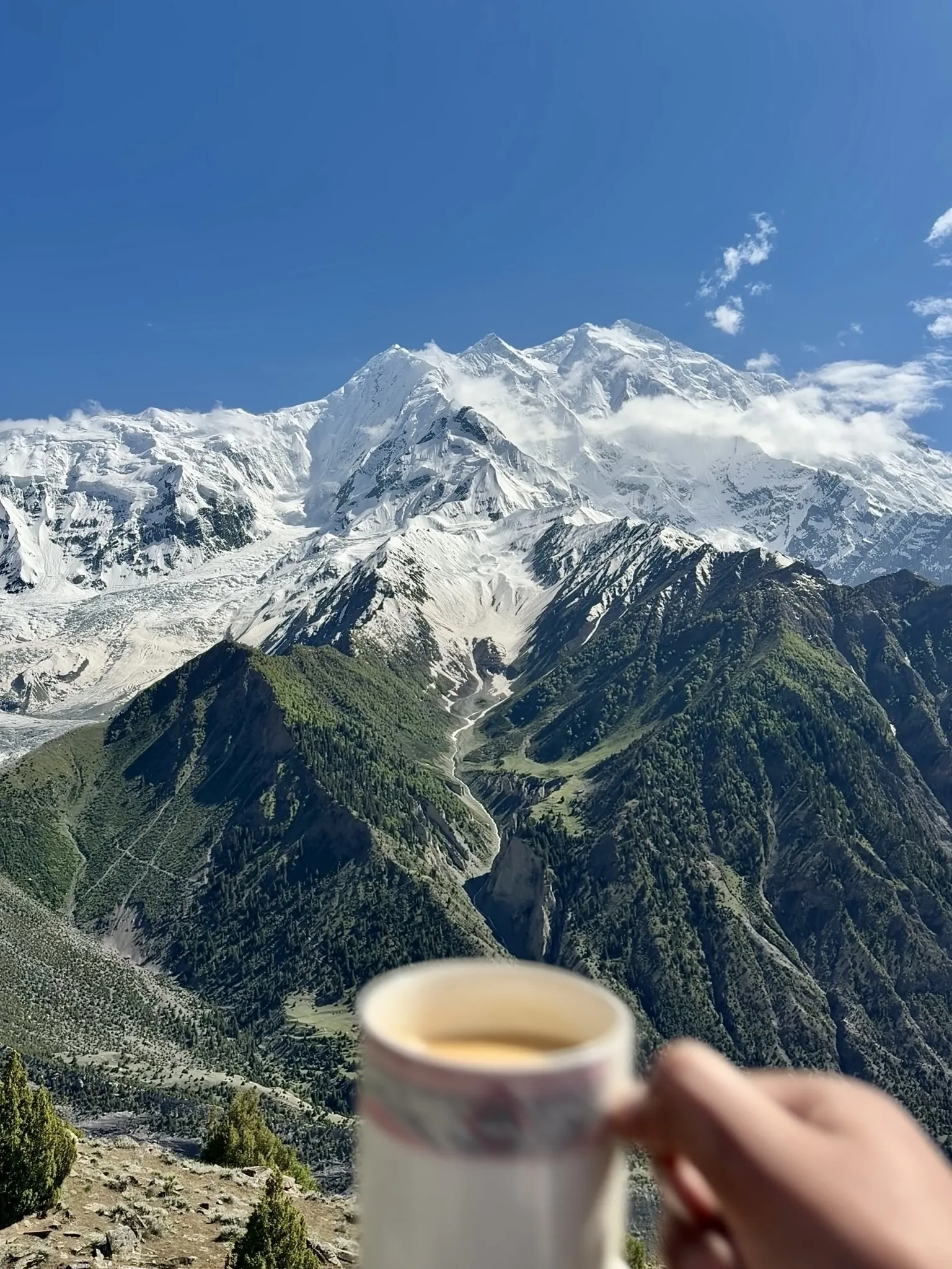 Cup of chai held up against the snow-capped Rakaposhi massif in Hunza-Nagar, Pakistan