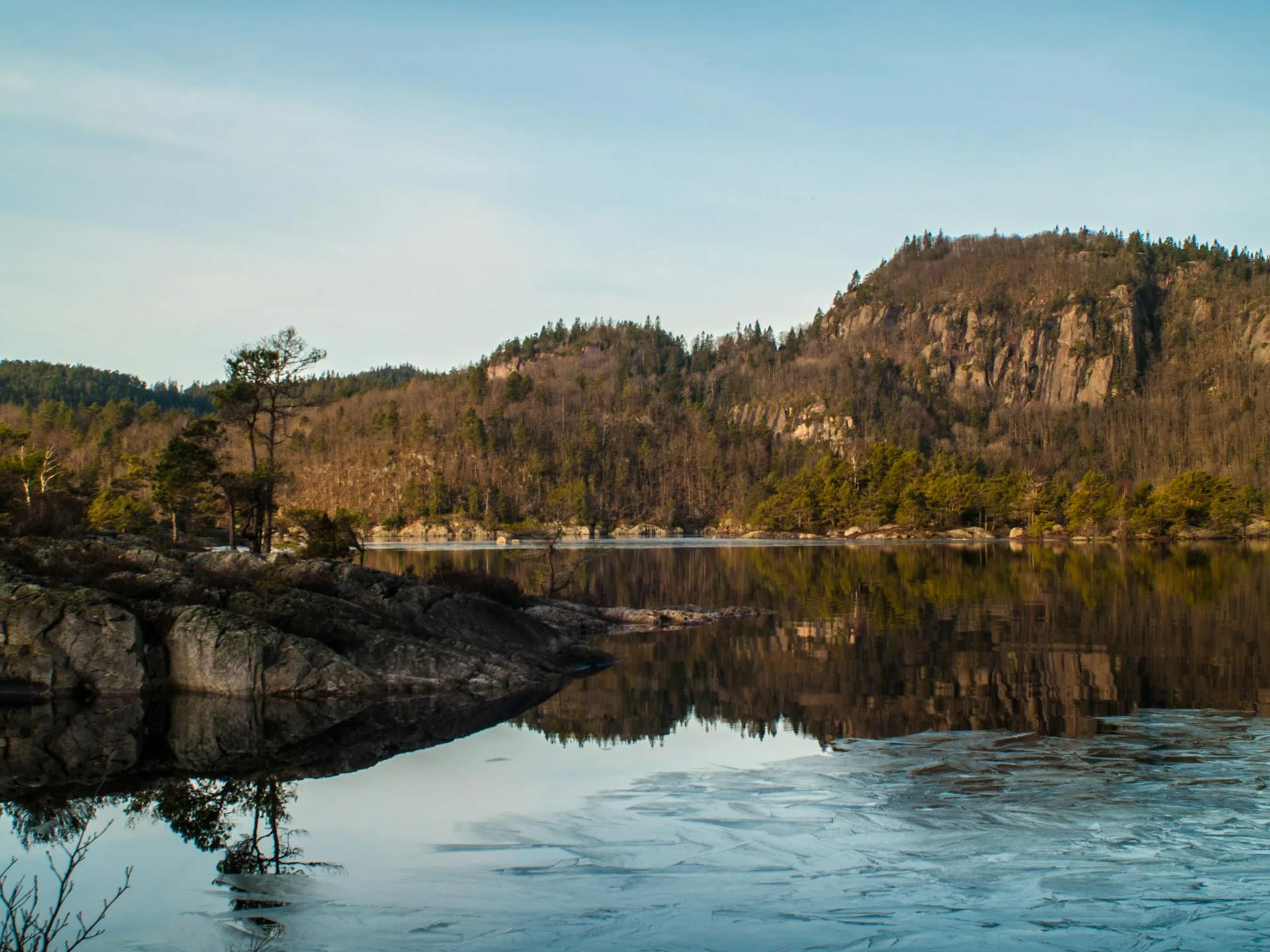 Trees and mountains reflected in a pristine lake