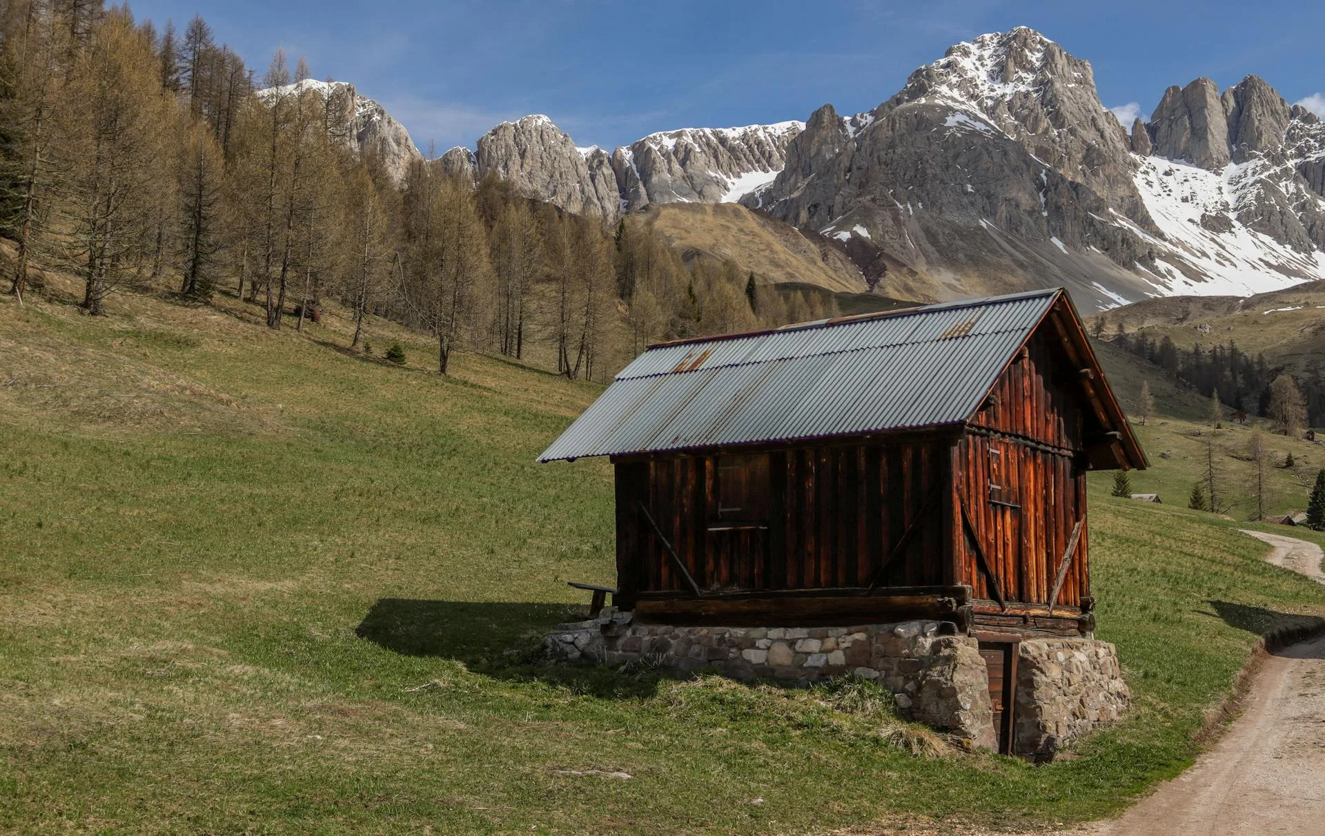 Rustic wooden cabin in alpine meadow