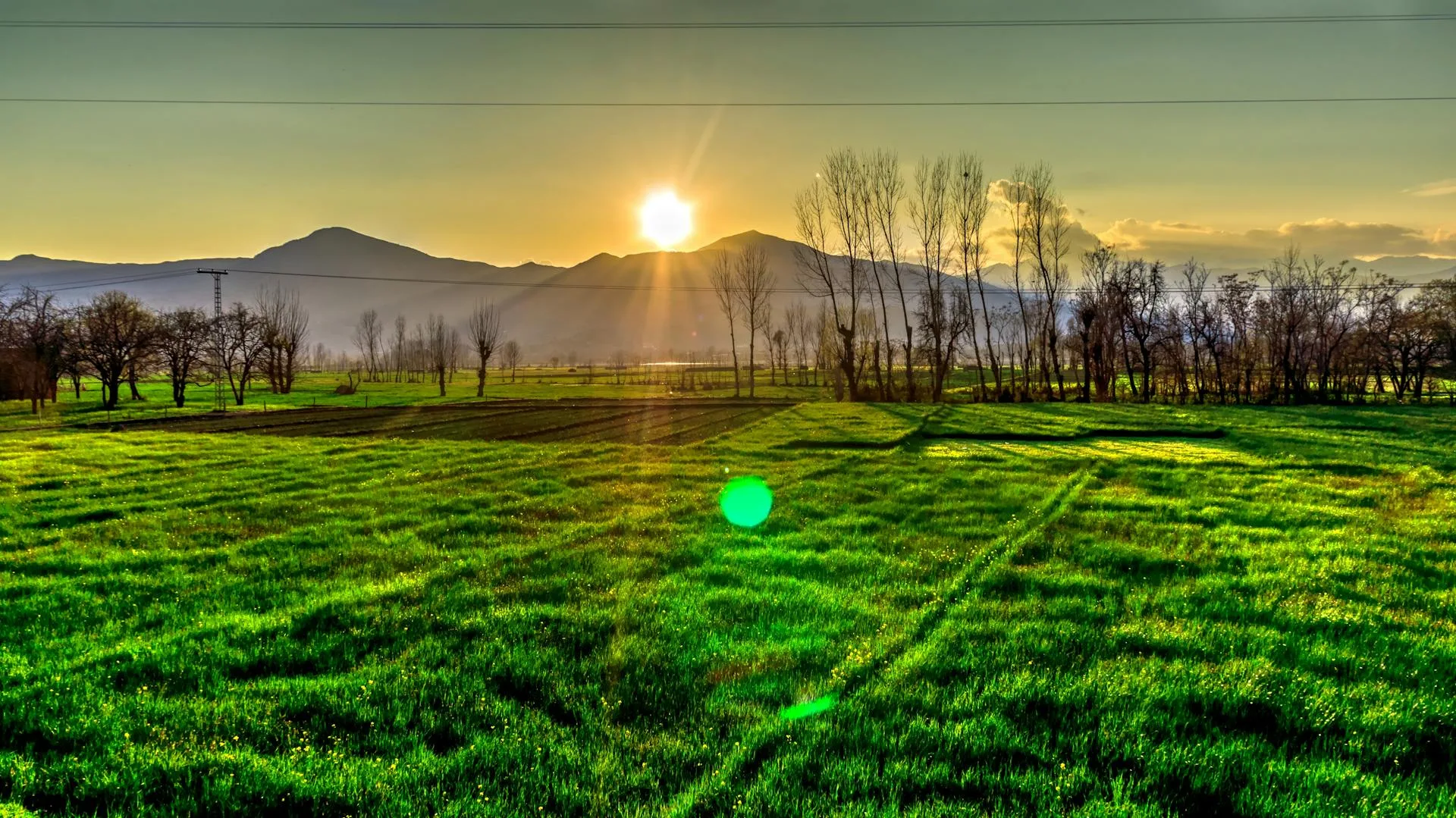 Golden hour sunlight illuminating a mountain valley