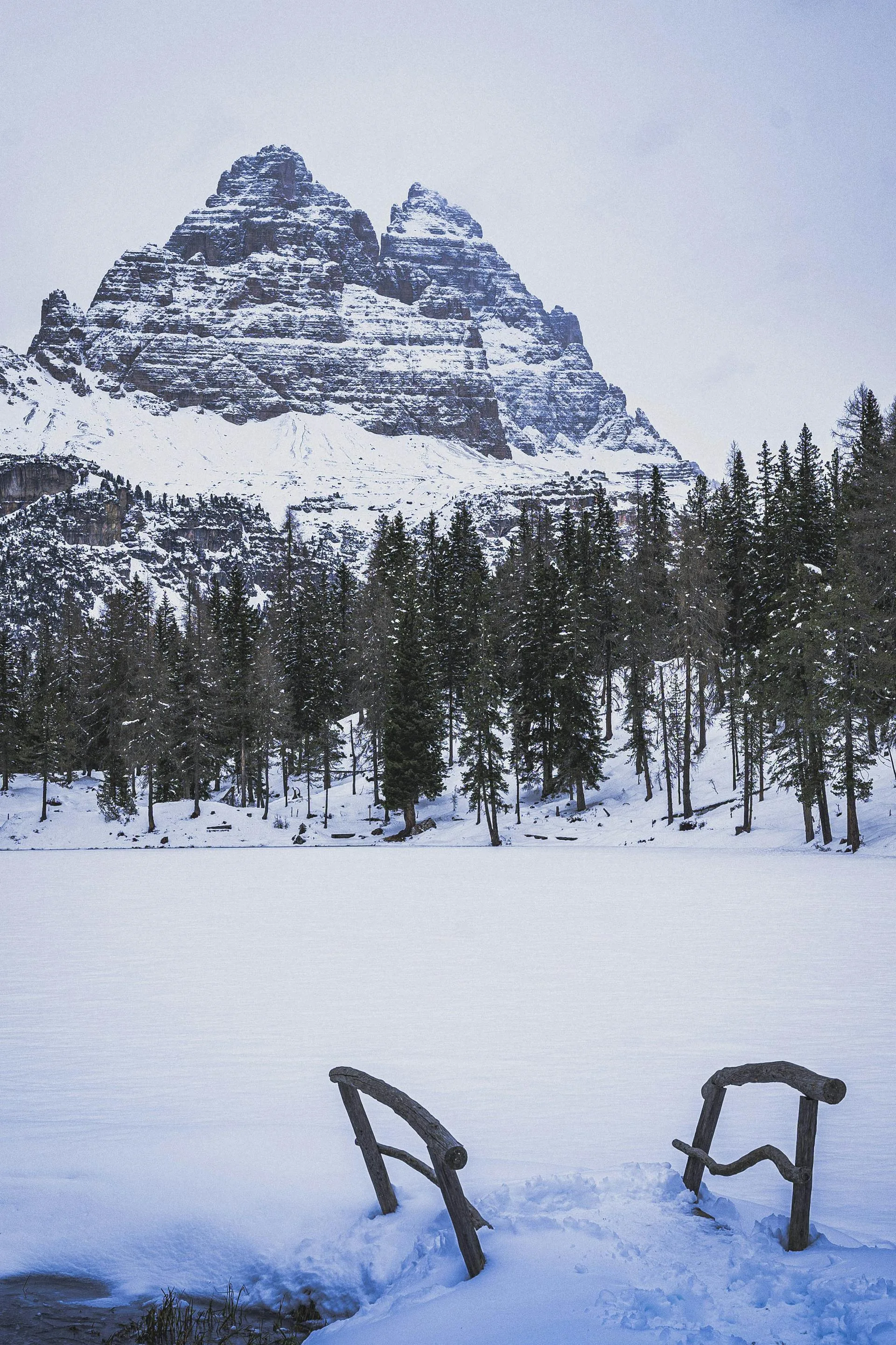 Snow mountain frozen lake