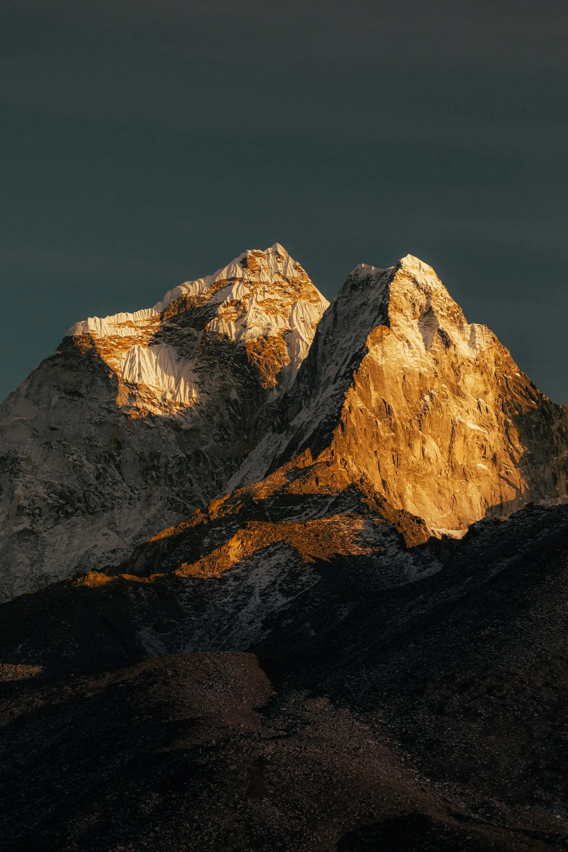 Golden sunset light bathing the majestic Himalayan peaks