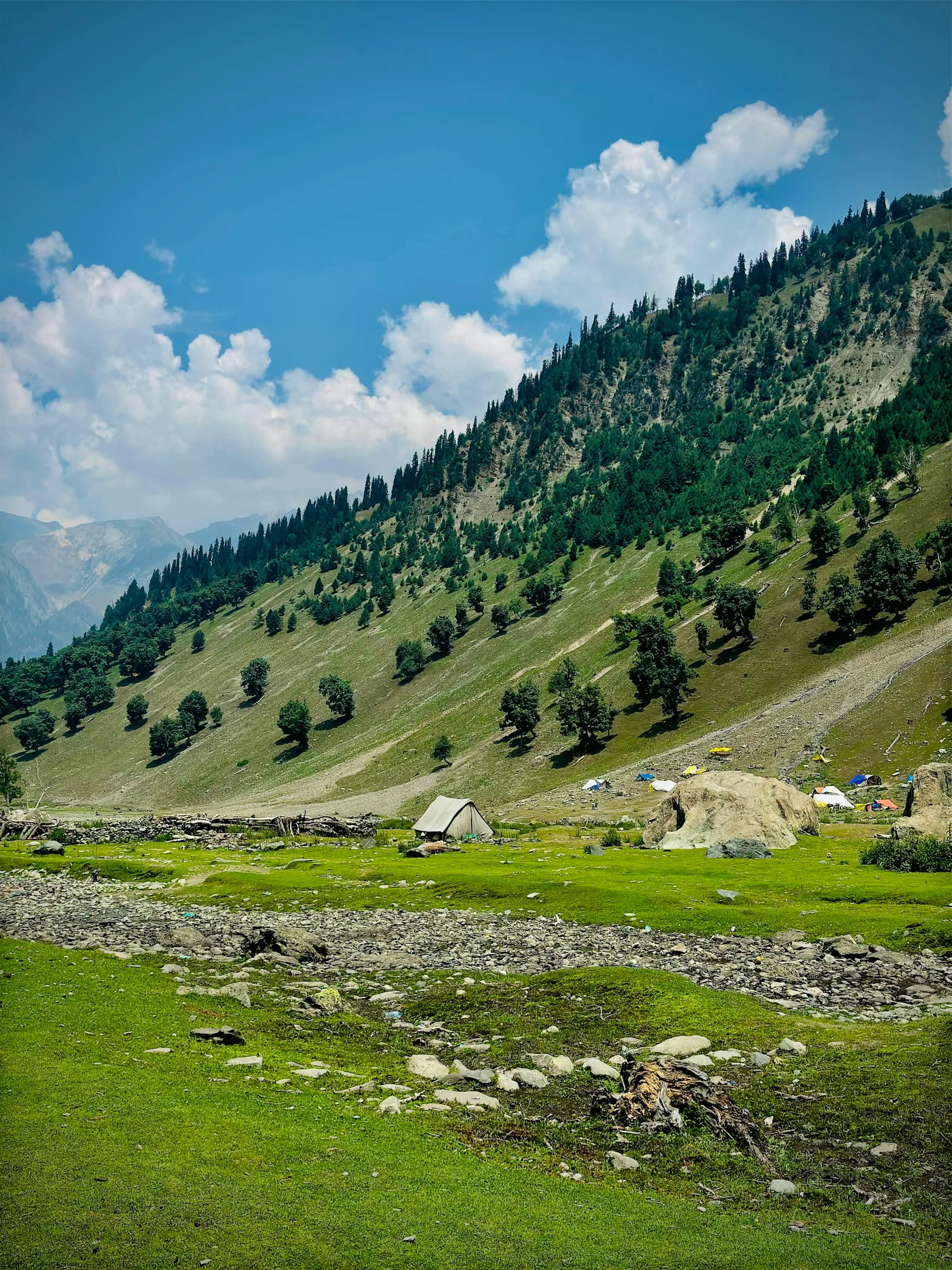 Alpine valley with tent and riverbed campsite