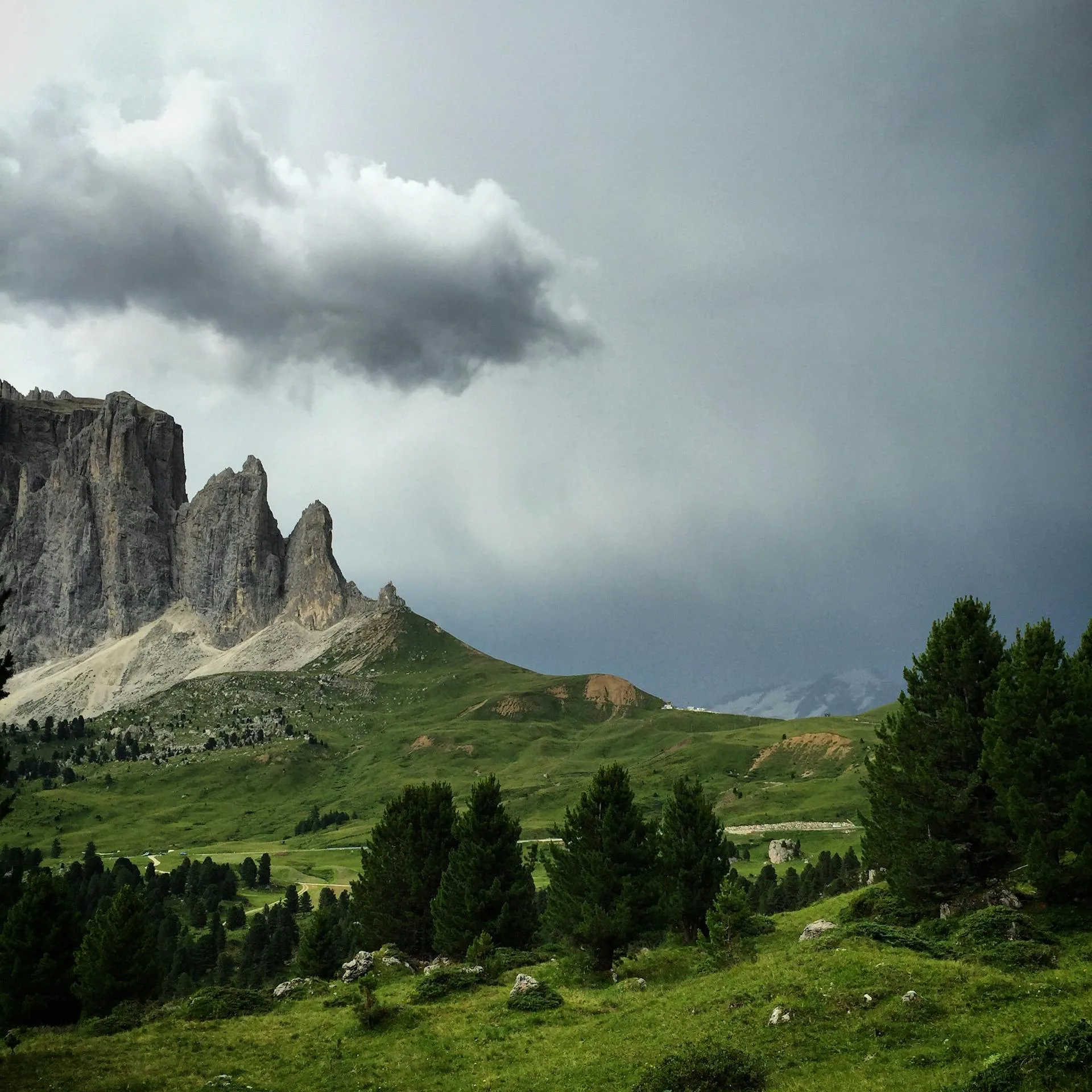 Green mountain pasture under cloudy sky