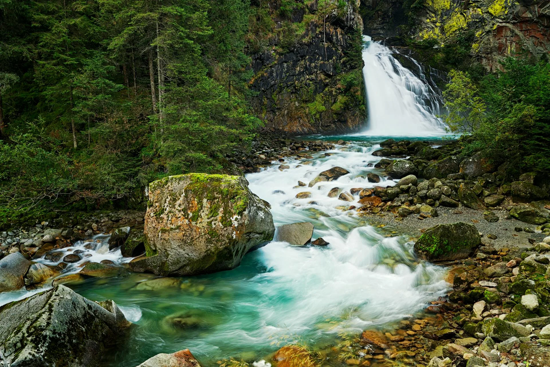 Scenic waterfall through vibrant lush forest